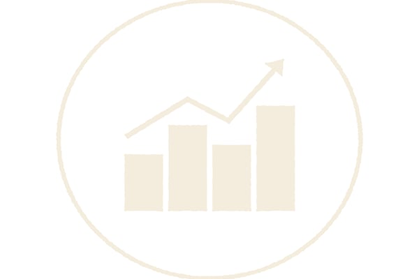 Bar chart with upward trending line graph inside circular beige border